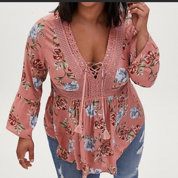 torrid Tops - Torrid Desert Sand Floral Crinkle Gauze & Crochet Babydoll Top NWT